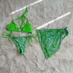 SHEIN 3 pc bright neon lime green bikini set w wrap scarf groovy print